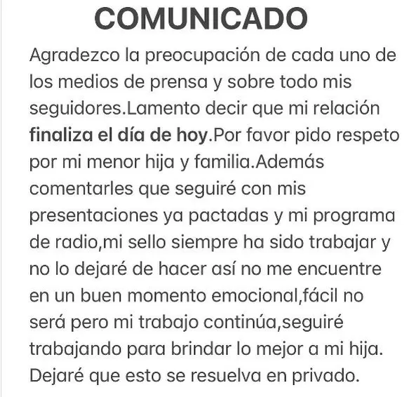 Leysi Suárez envió comunicado para anunciar separación de su pareja tras ampay  