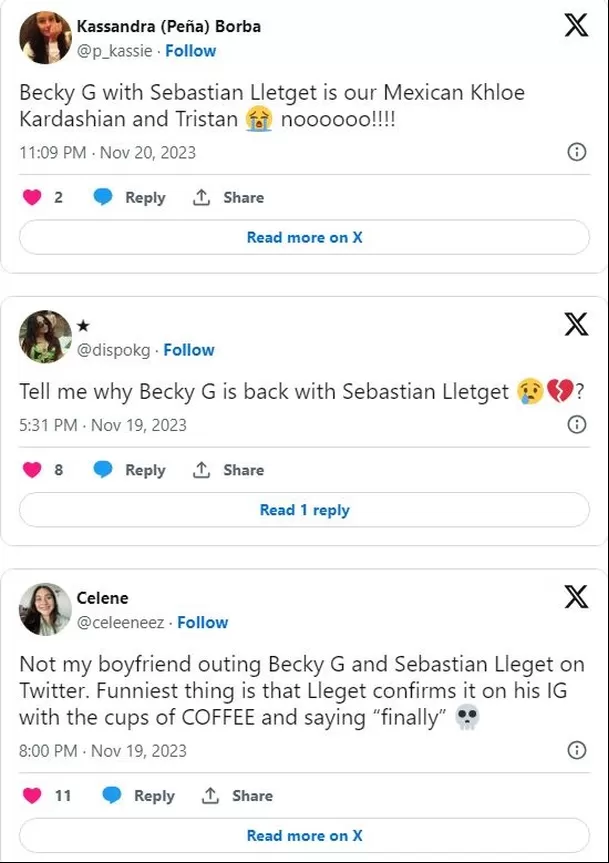 Reacciones de algunos fanáticos de Becky G al ver sus fotos con Sebastian Lletget / X