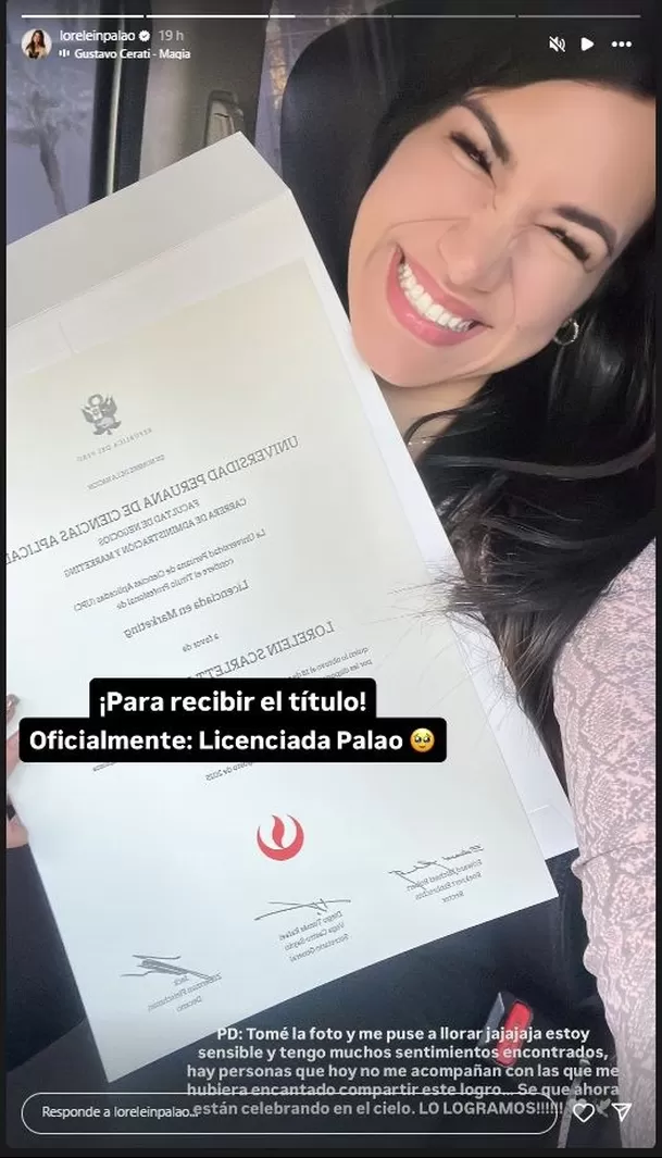 Lorelein Palao mostró con orgullo su reciente logro académico. Foto: Instagram