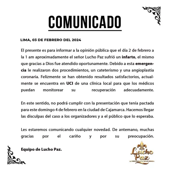 Comunicado donde dieron la noticia del infarto de Lucho Paz/Foto: Instagram