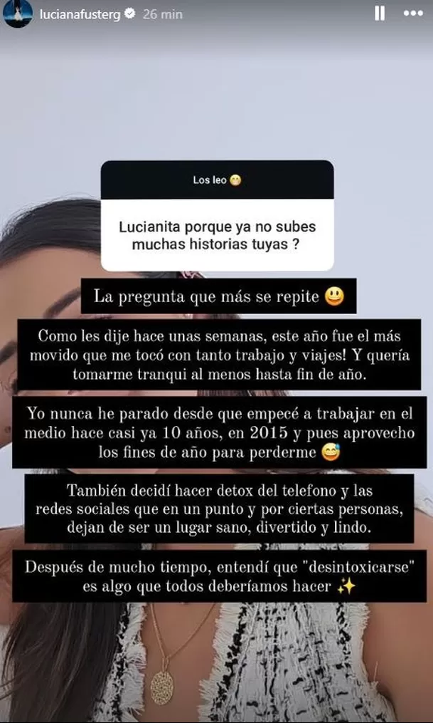 Luciana Fuster y la razón de su alejamiento de redes sociales / Instagram