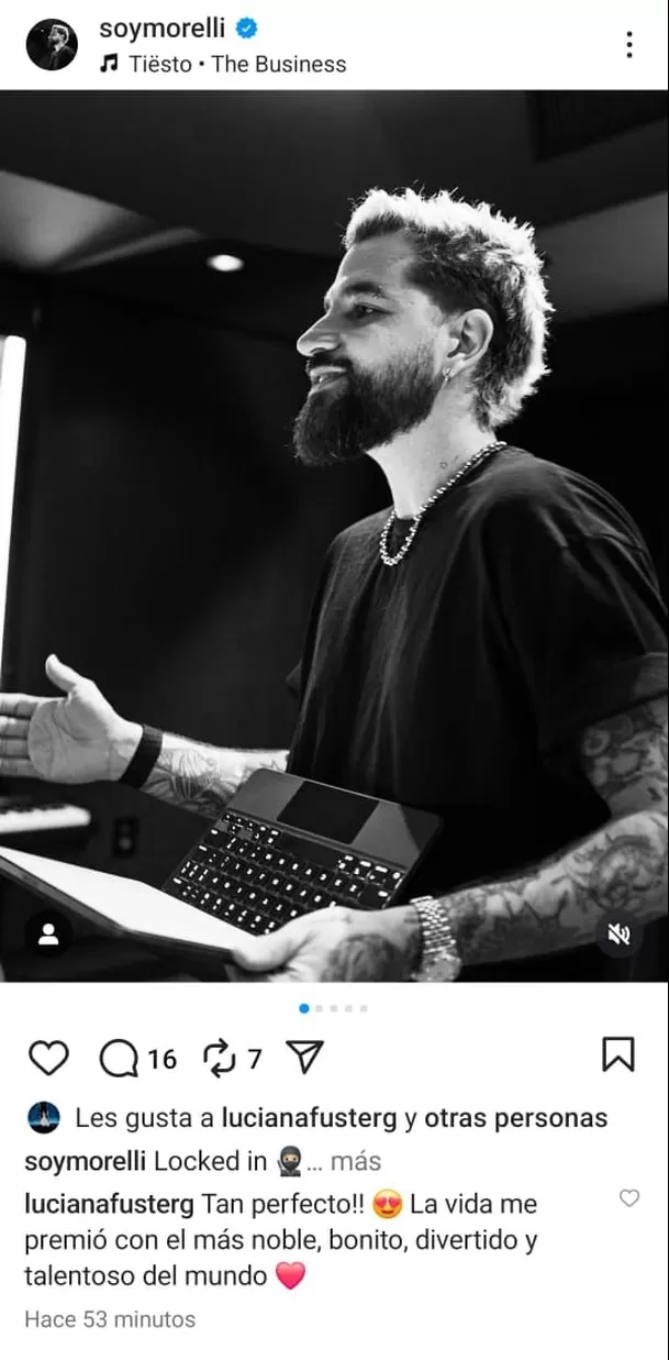 Comentario de Luciana Fuster en publicación de Juan Morelli. Fuente: Instagram