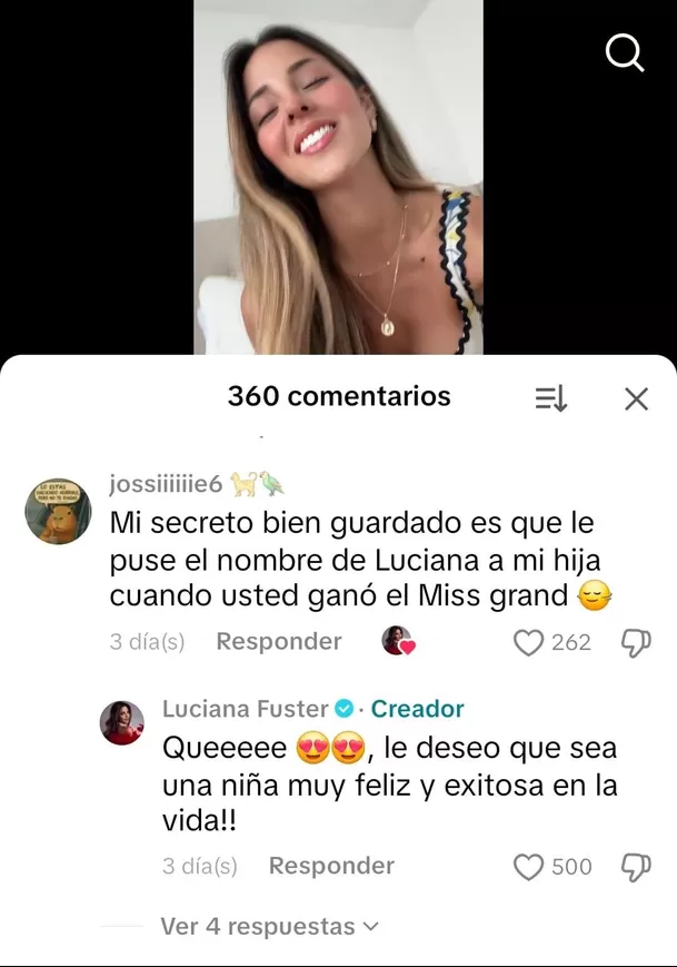 Seguidora confesó a Luciana Fuster que puso su nombre a su hija tras ganar el Miss Grand International 2023 / TikTok Seguidora confesó a Luciana Fuster que puso su nombre a su hija tras ganar el Miss Grand International 2023 / TikTok