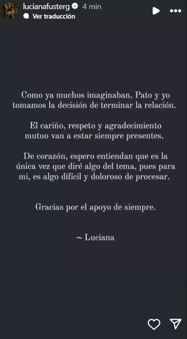 El 3 de julio de 2024, Luciana Fuster anunció su ruptura con Patricio Parodi / Instagram El 3 de julio de 2024, Luciana Fuster anunció su ruptura con Patricio Parodi / Instagram