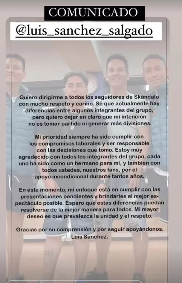 Comunicado de Luis Sánchez/Foto: Instagram