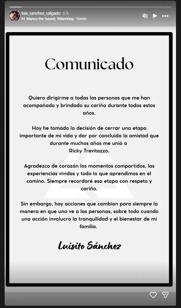 Luisito Sánchez anuncia el fin de su amistad con Ricky Trevitazzo con inesperado comunicado Video: Instagram @luis_sanchez_salgado Luisito Sánchez anuncia el fin de su amistad con Ricky Trevitazzo con inesperado comunicado Video: Instagram @luis_sanchez_salgado