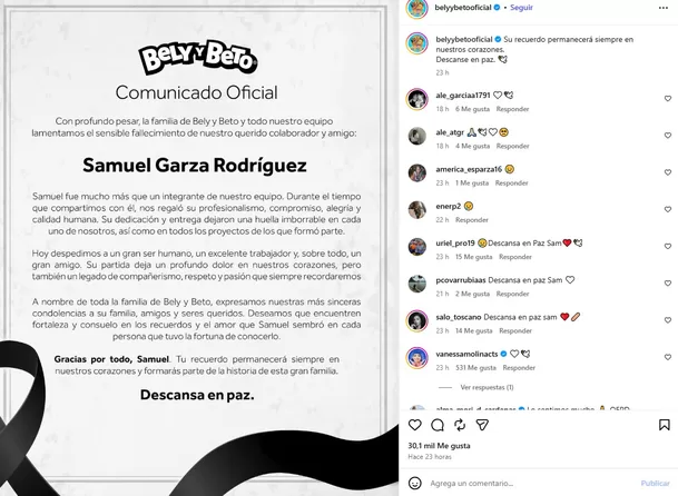 La agrupación infantil confirmó el fallecimiento de Samuel Garza Rodríguez, colaborador e integrante de su equipo de trabajo, mediante un sentido comunicado publicado en redes sociales Foto: Instagram @belyybeto La agrupación infantil confirmó el fallecimiento de Samuel Garza Rodríguez, colaborador e integrante de su equipo de trabajo, mediante un sentido comunicado publicado en redes sociales Foto: Instagram @belyybeto