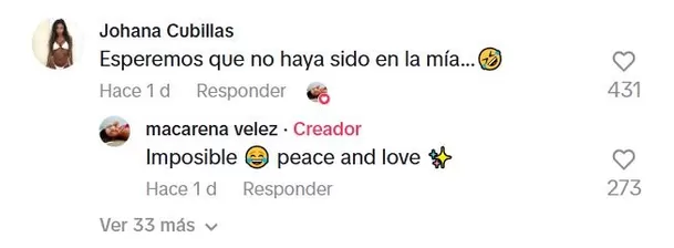 Comentario de Johana Cubillas en el video de TikTok publicado por Macarena Vélez. Foto: TikTok