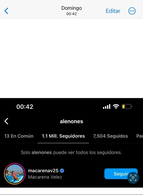 Alejandro Nones sigue a Macarena Vélez en Instagram. Fuente: RicLaTorre Alejandro Nones sigue a Macarena Vélez en Instagram. Fuente: RicLaTorre