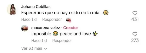 Comentario de Johana Cubillas en el video de TikTok publicado por Macarena Vélez. Foto: TikTok