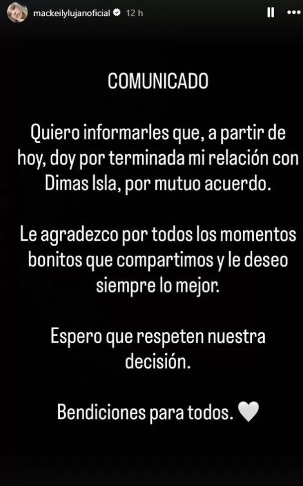 Mackeily Luján anuncia separación de Dimas Ysla / IG: @mackeilylujanoficial Mackeily Luján anuncia separación de Dimas Ysla / IG: @mackeilylujanoficial