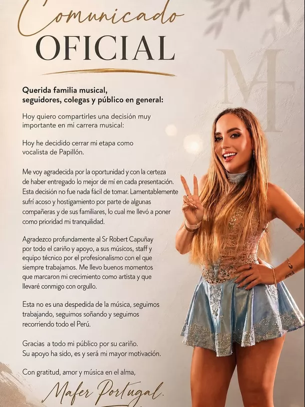 Mafer Portugal renuncia a la orquesta Papillón tras denunciar acoso y hostigamiento / IG: maferportugalv Mafer Portugal renuncia a la orquesta Papillón tras denunciar acoso y hostigamiento / IG: maferportugalv