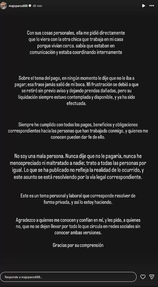 Majo Parodi se defiende de grave acusación de extrabajadora / IG: MajoParodi98