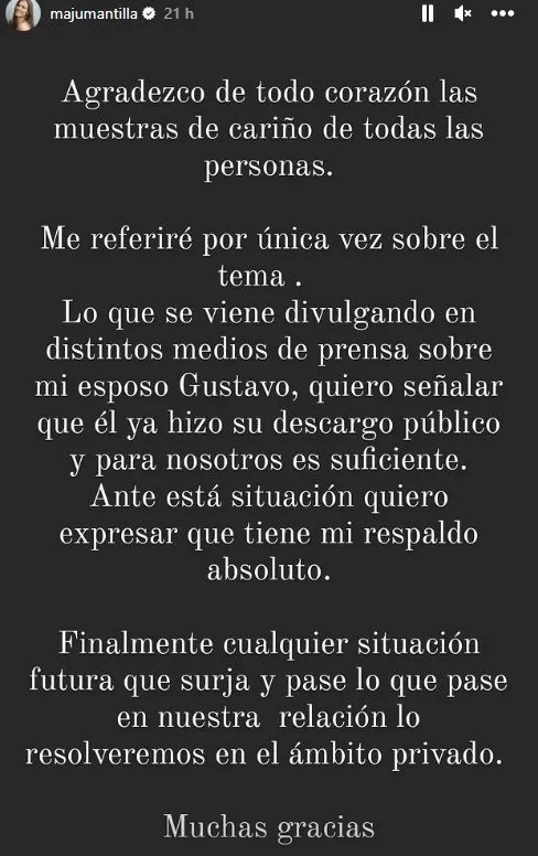 Comunicado de Maju Mantilla ante rumores de infidelidad de su esposo Gustavo Salcedo / Instagram