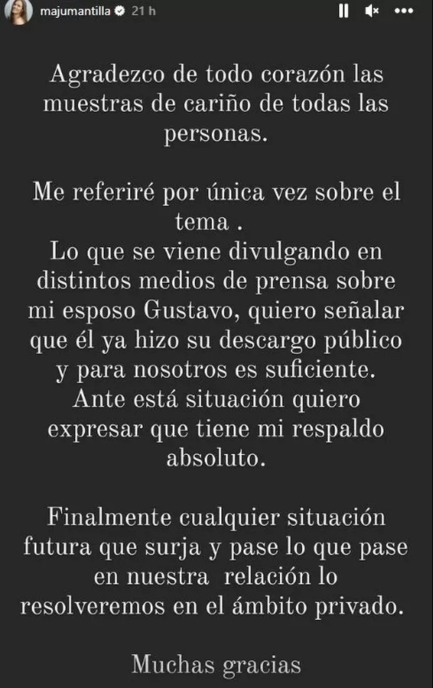 Comunicado de Maju Mantilla ante rumores de infidelidad de su esposo Gustavo Salcedo / Instagram