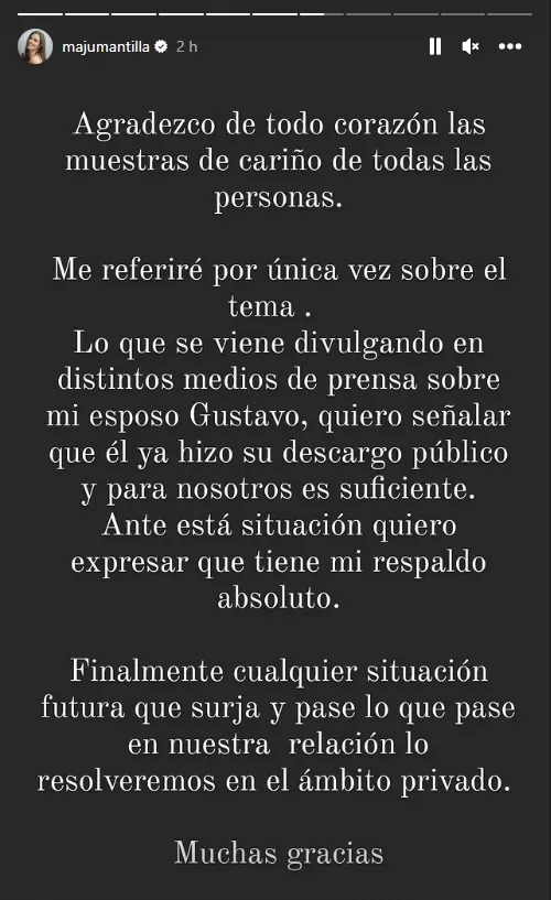 Hace unos días Maju Mantilla publicó este comunicado en Instagran respaldando a su esposo Gustavo Salcedo/ Foto: IG Maju Mantilla