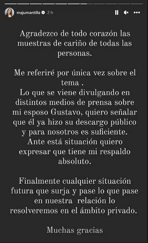Hace unos días Maju Mantilla publicó este comunicado en Instagran respaldando a su esposo Gustavo Salcedo/ Foto: IG Maju Mantilla