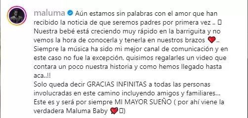 Mensaje de Maluma tras el anuncio oficial de la pronta llegada de su primer bebé con Susana Gómez/Foto: Instagram