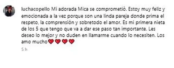 Mamá de Anna Carina dedica conmovedor mensaje a su nieta tras compromiso / IG: luchacopello Mamá de Anna Carina dedica conmovedor mensaje a su nieta tras compromiso / IG: luchacopello