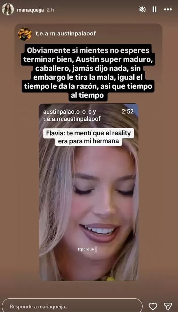 La mamá de Austin Palao reposteó un video sobre Flavia Laos y su hijo en reality  / Captura