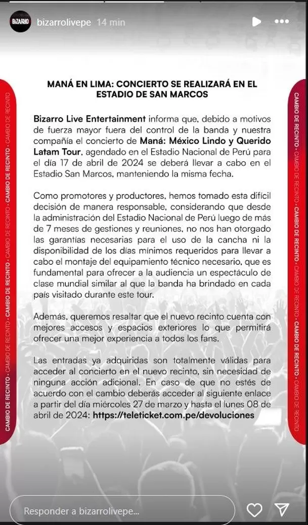 Comunicado empresa Bizarro Live anunciando el cambio de locación para el concierto de Maná en Perú/Foto: Instagram