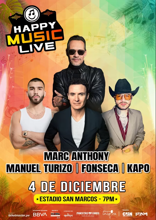  Marc Anthony, Manuel Turizo, Fonseca y Kapo llegan a Lima como parte 'Happy Music Live’ / Tickemaster 