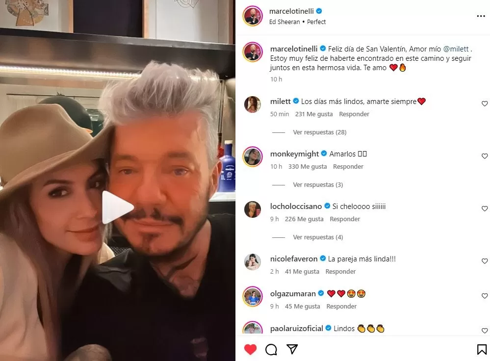 Marcelo Tinelli grita su amor por Milett Figueroa por San Valentín / Instagram