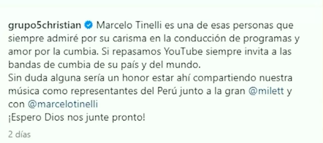 La respuesta de Christian Yaipén a las palabras de Marcelo Tinelli/Foto: Instagram