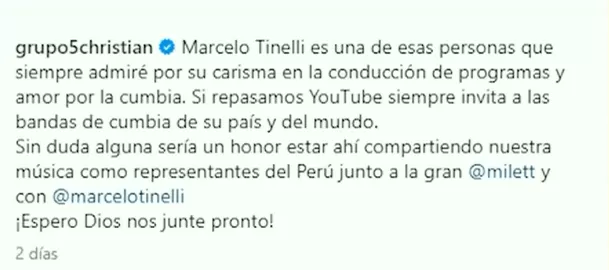 La respuesta de Christian Yaipén a las palabras de Marcelo Tinelli/Foto: Instagram