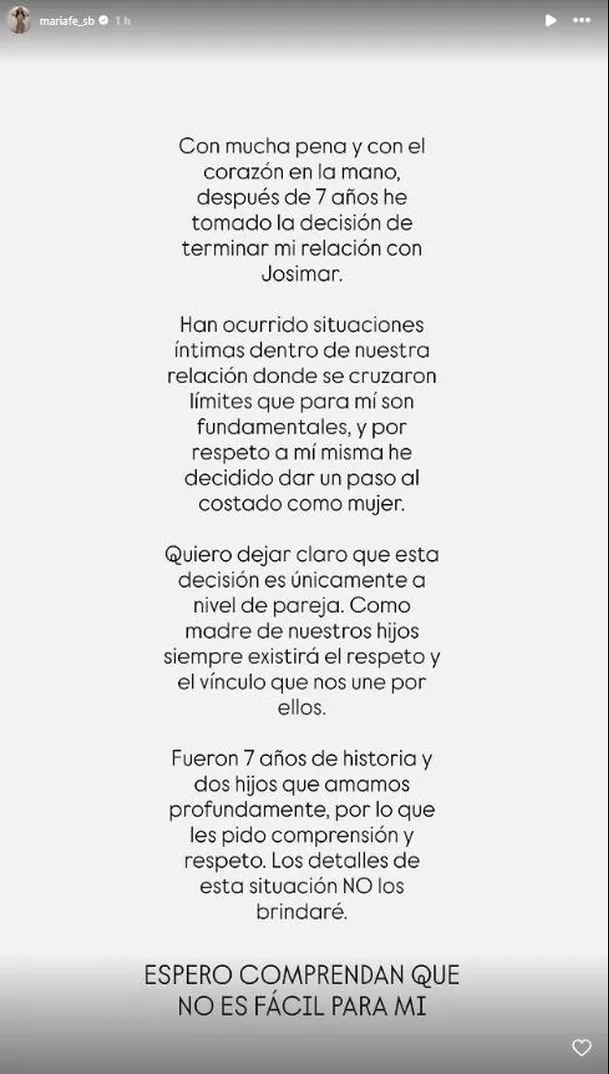 María Fe Saldaña anunció su separación de Josimar / Instagram María Fe Saldaña anunció su separación de Josimar / Instagram