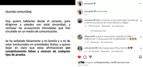 Comunicado de María Pía Copello tras fuerte acusación / Instagram