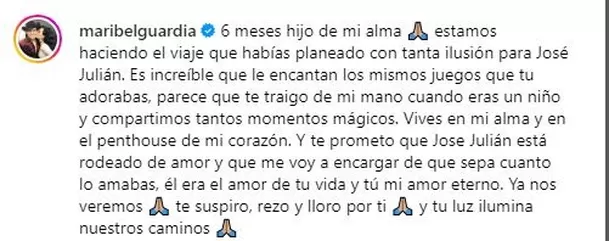 Maribel Guardia viajó a Florida a cumplir uno de los deseos de su hijo antes de morir y dedicó un sentido mensaje por los seis meses de su partida/ Foto: Instagram