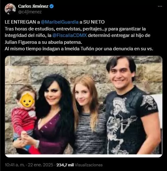 Periodista Carlos Jiménez informó sobre la situación del nieto de Maribel Guardia. Fuente: X Periodista Carlos Jiménez informó sobre la situación del nieto de Maribel Guardia. Fuente: X