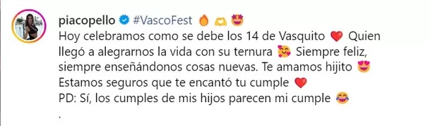 Mensaje de María Pía Copello para su hijo Vasco Dyer en su cumpleaños número 14/Foto: Instagram