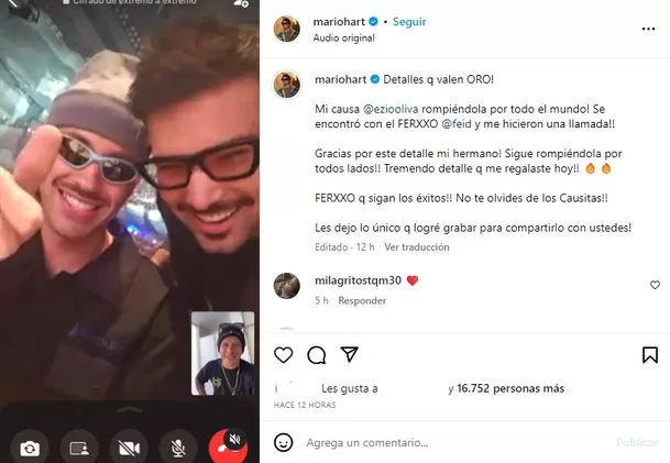 Mario Hart publicó reencuentro con Feid. Fuente: Instagram