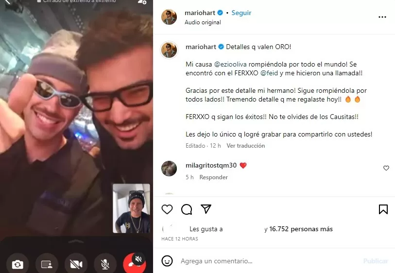 Mario Hart publicó reencuentro con Feid. Fuente: Instagram