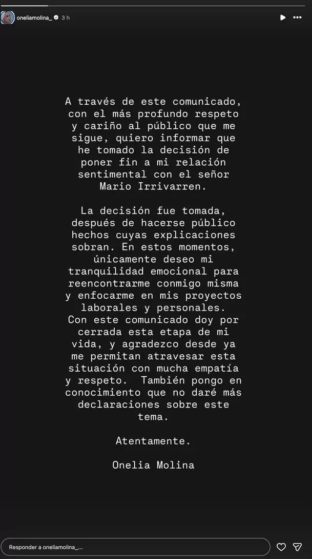 Onelia Molina compartió tajante comunicado en redes sociales tras ver ampay de Mario Irivarren. Foto: Instagram
