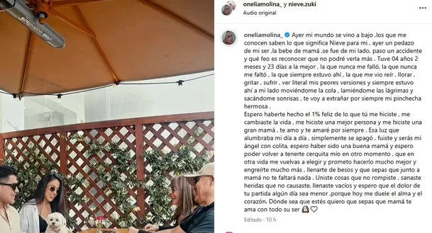 Onelia Molina anunció la muerte de Nieve este fin de semana / Instagram Onelia Molina anunció la muerte de Nieve este fin de semana / Instagram