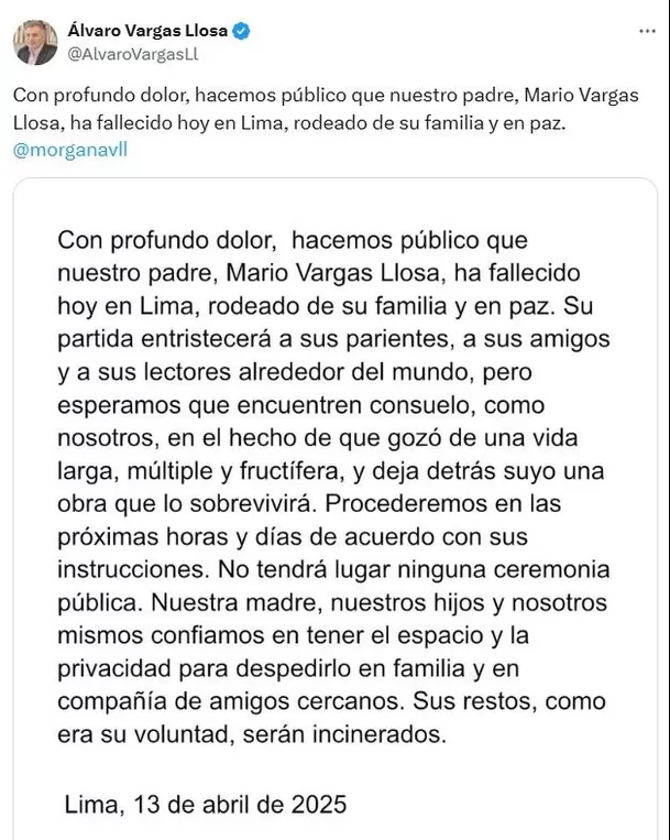 Álvaro Vargas Llosa informó sobre la muerte de su padre Mario Vargas Llosa / X Álvaro Vargas Llosa informó sobre la muerte de su padre Mario Vargas Llosa / X