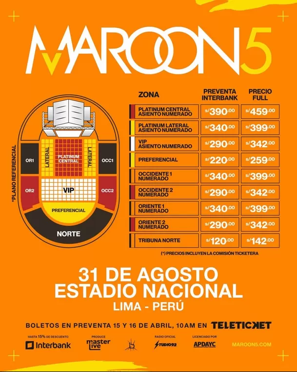 Precios de las entradas para Maroon 5 en Lima / Teleticket 