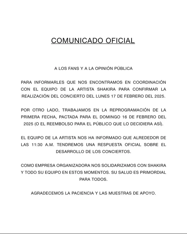 Comunicado de Masterlive por cancelación de concierto de Shakira en Lima / Instagram
