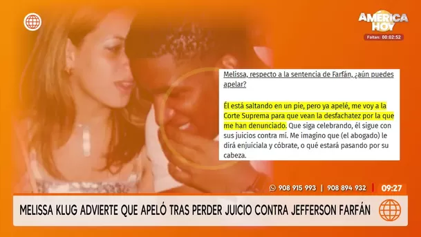 Melissa Klug apeló sentencia de $300 dólares contra Farfán/ América TV Melissa Klug apeló sentencia de $300 dólares contra Farfán/ América TV