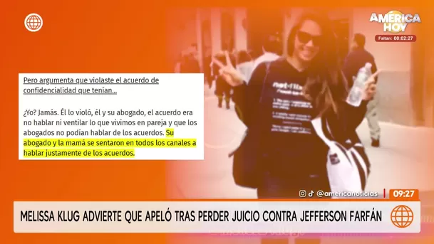 Melissa Klug apelará ante la Corte Suprema juicio contra Farfán/ América TV Melissa Klug apelará ante la Corte Suprema juicio contra Farfán/ América TV