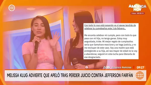 Melissa Klug no celebrará su cumpleaños tras la polémica con Samahara y Bryan/ América TV Melissa Klug no celebrará su cumpleaños tras la polémica con Samahara y Bryan/ América TV