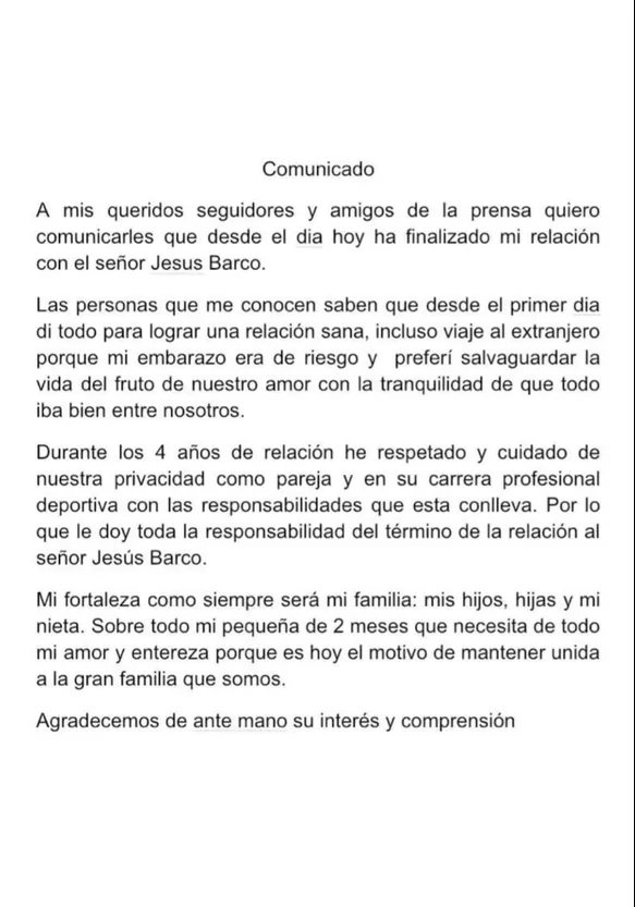 Comunicado de Melissa Klug confirmando separación de Jesús Barco. Fuente: Instagram