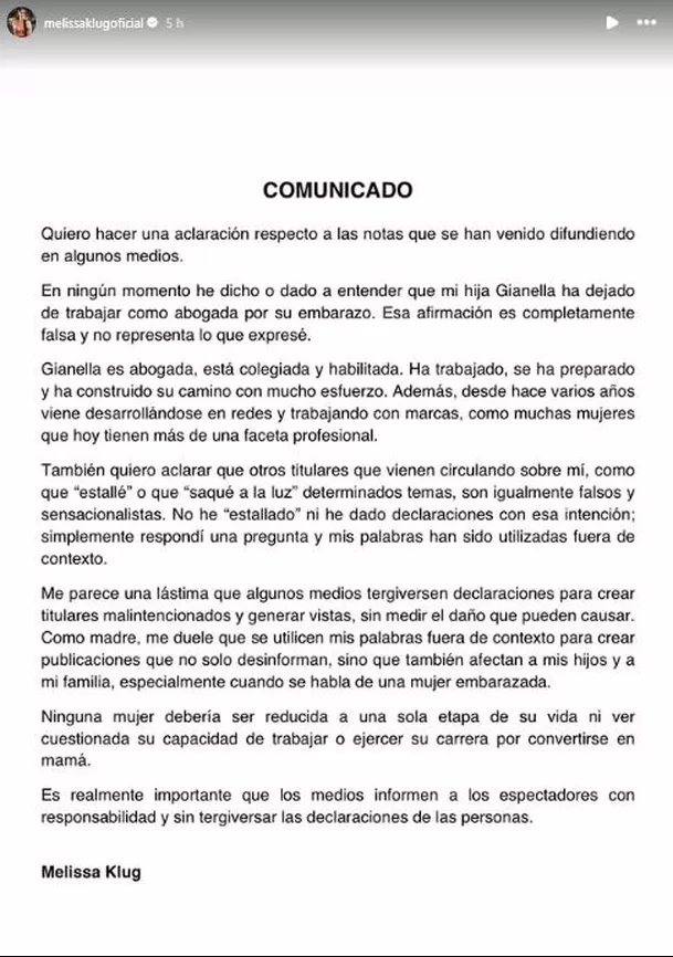 Comunicado de Melissa Klug / IG: melissaklug Comunicado de Melissa Klug / IG: melissaklug