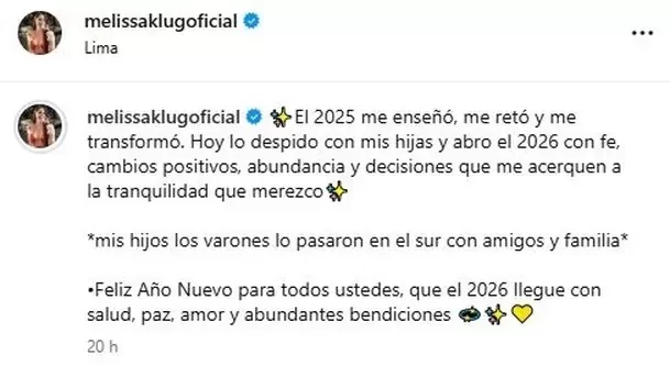 Melissa Klug explica motivo por el que no pasó Año Nuevo con sus hijos Adriano y Jeremy / Instagram