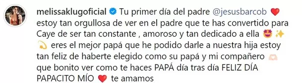 El mensaje de Melissa Klug a Jesús Barco por el Día del padre/Foto: Instagram