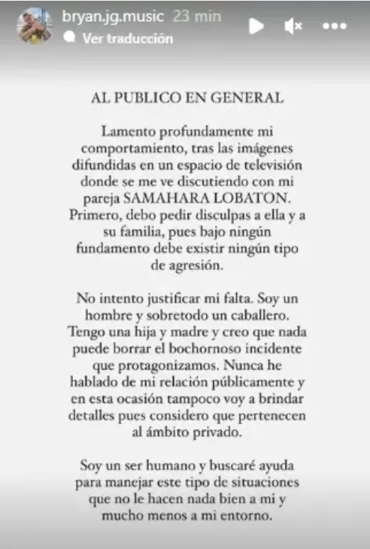 Bryan Torres pidió disculpas tras pelea con Samahara Lobatón. Foto: Instagram