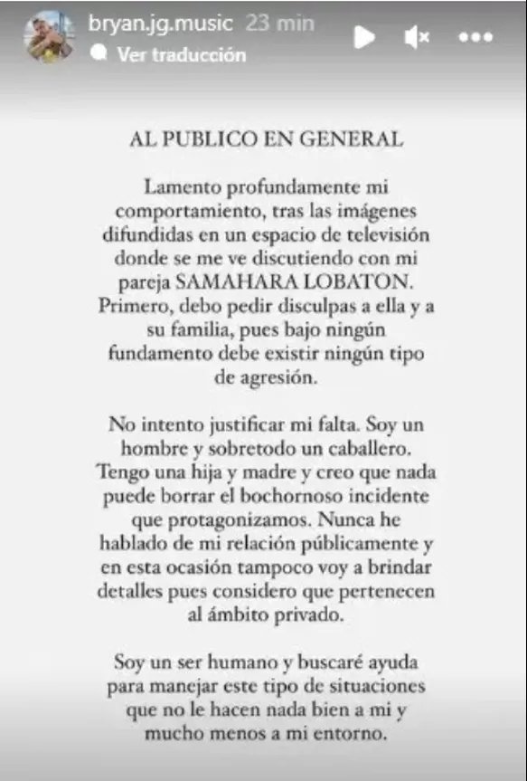 Bryan Torres pidió disculpas tras pelea con Samahara Lobatón. Foto: Instagram